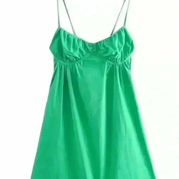 ZARA Mini Babydoll Dress Green Spaghetti Straps Cup Cotton Ruched Short Size L - Picture 3 of 13
